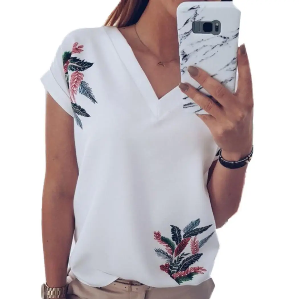 Women Casual V-Neck Short Sleeve Floral Print Gray, Pink, White Regular Summer Loose Pullover Shirt
Women Casual V-Neck Short Sleeve Floral Print Gray, Pink, White Regular Summer Loose Pullover Shirt