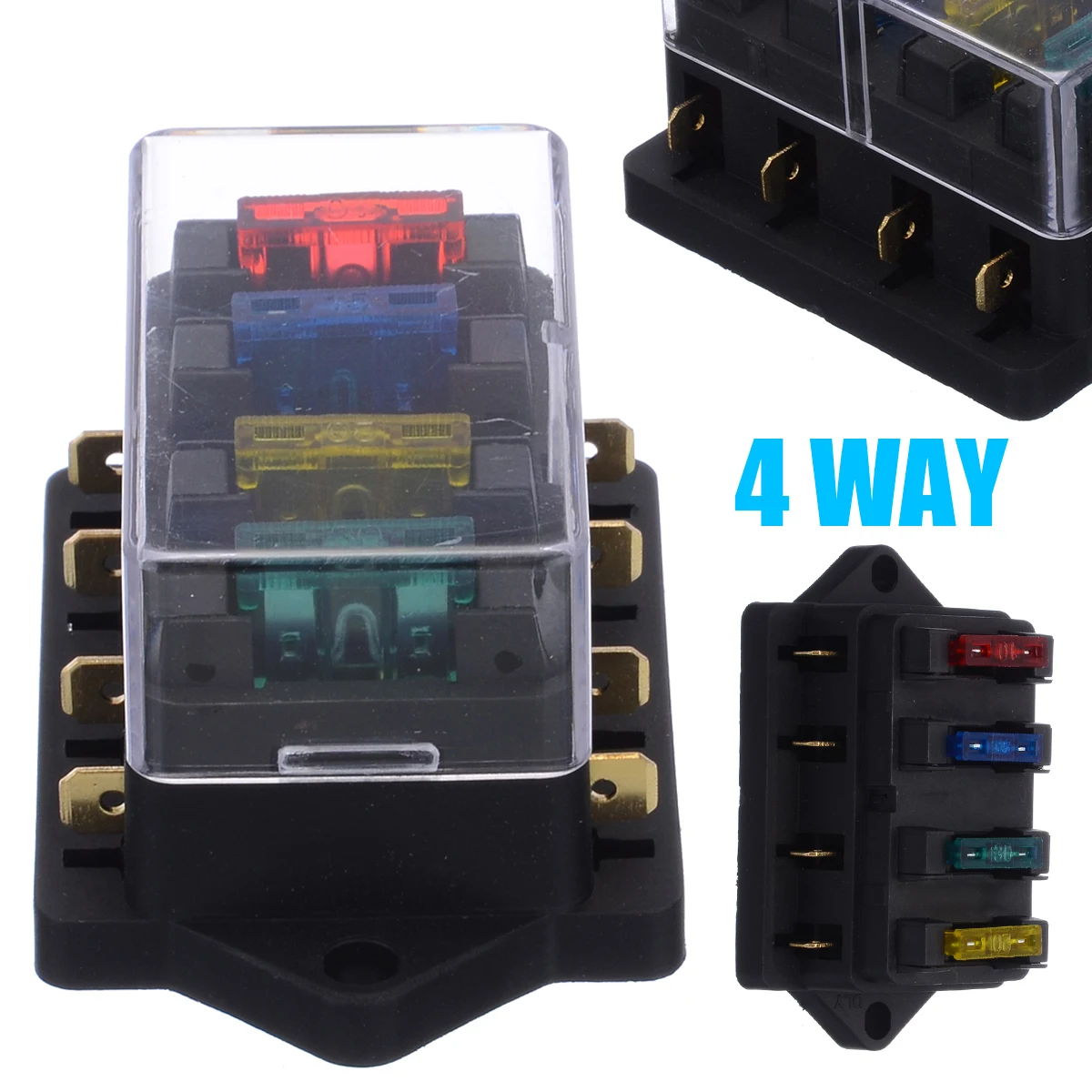 4 Way Blade Fuse Box Holder Standard Blade Fuse Blocks LED Indicator + 4Pcs Fuse Terminals For Car Boat Marine
4 Way Blade Fuse Box Holder Standard Blade Fuse Blocks LED Indicator + 4Pcs Fuse Terminals For Car Boat Marine