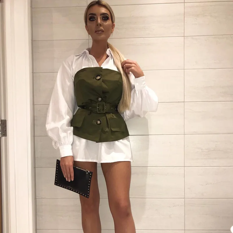 

Women Army Green Strapless Wrapped Chest Tube Top Bandeau Belt Button Pocket Camis Lady Off Shoulder Tank Tops 2019 New Arrival