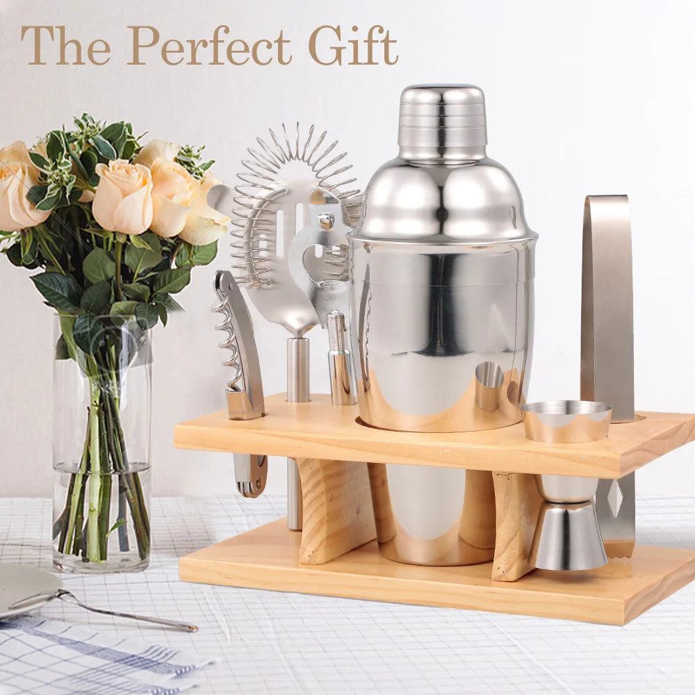 Stainless Steel Bar Cocktail Shaker Tool Wooden Stand Bartender Kit Jigger Opener Shaker Tong Drink Mixing for 550ml Parties Bar
Stainless Steel Bar Cocktail Shaker Tool Wooden Stand Bartender Kit Jigger Opener Shaker Tong Drink Mixing for 550ml Parties Bar