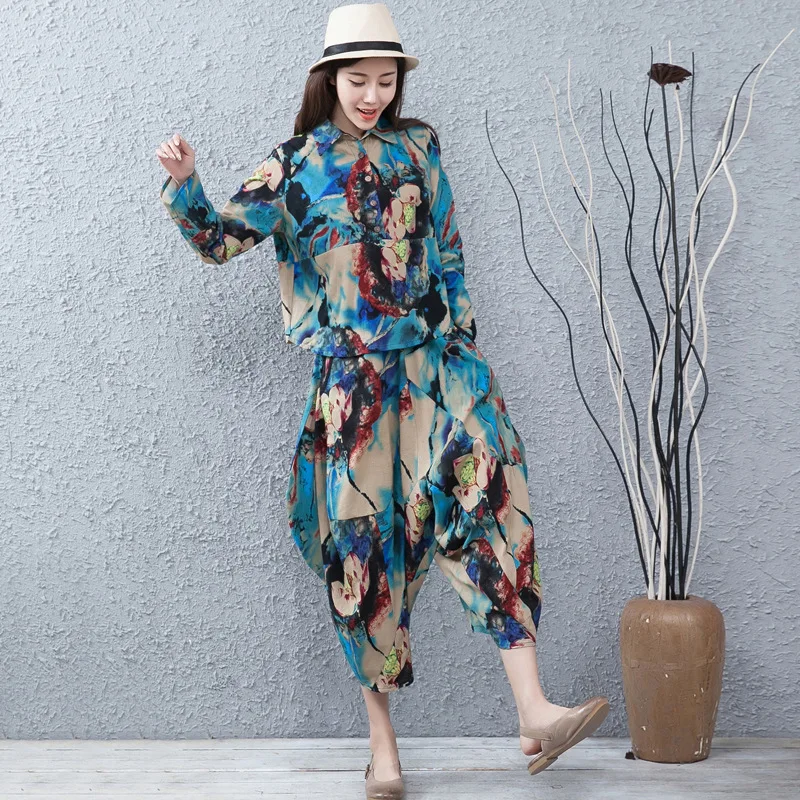 Cotton and linen blends pants suit Summer loose oversize literary two-piece long-sleeve shirt and harem pants women's set
Cotton and linen blends pants suit Summer loose oversize literary two-piece long-sleeve shirt and harem pants women's set