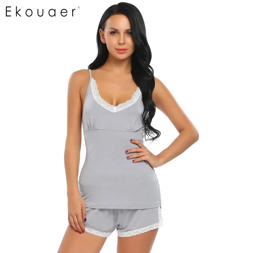 

Ekouaer Women Pajamas Set Nightwear Lace Trim Sleeveless Cami Tops Shorts Suit Sexy Lingerie Intimate Ladies Pijama