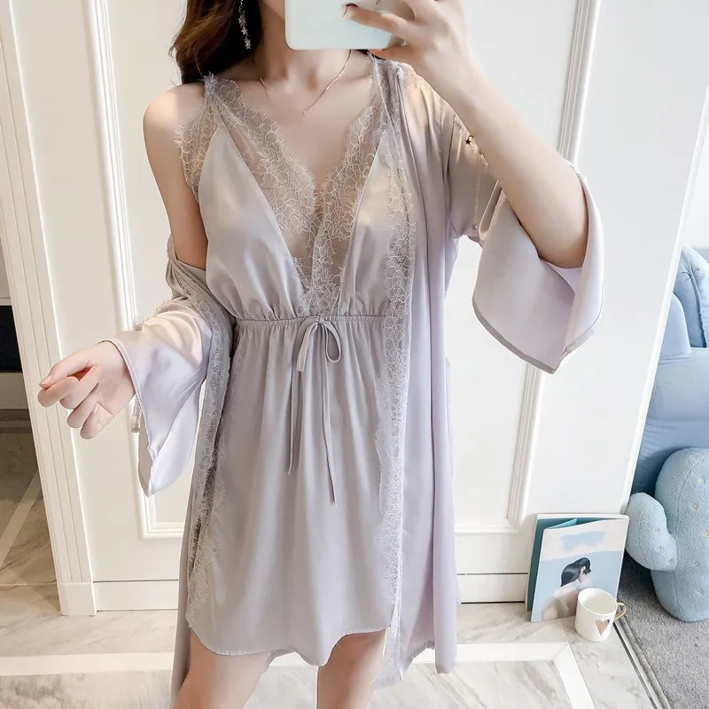2019 Spring Women Sexy Lace Silk Robe & Gown Set Solid Sleep Dress Bathrobe Two Piece Robe Bridesmaid Wedding Sleepwear
2019 Spring Women Sexy Lace Silk Robe & Gown Set Solid Sleep Dress Bathrobe Two Piece Robe Bridesmaid Wedding Sleepwear