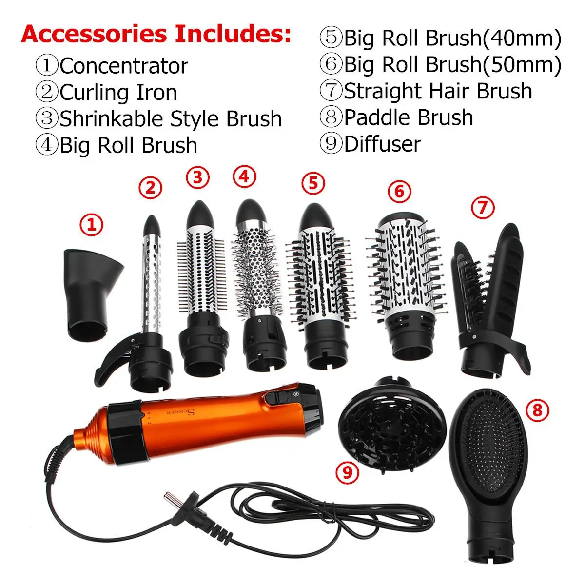 

SURKER 10 in 1 Hair Styling Brush Comb Dryer 1000W 220V-240V Curler Straightener Hot Cool Air Styling Kit Two File Repair