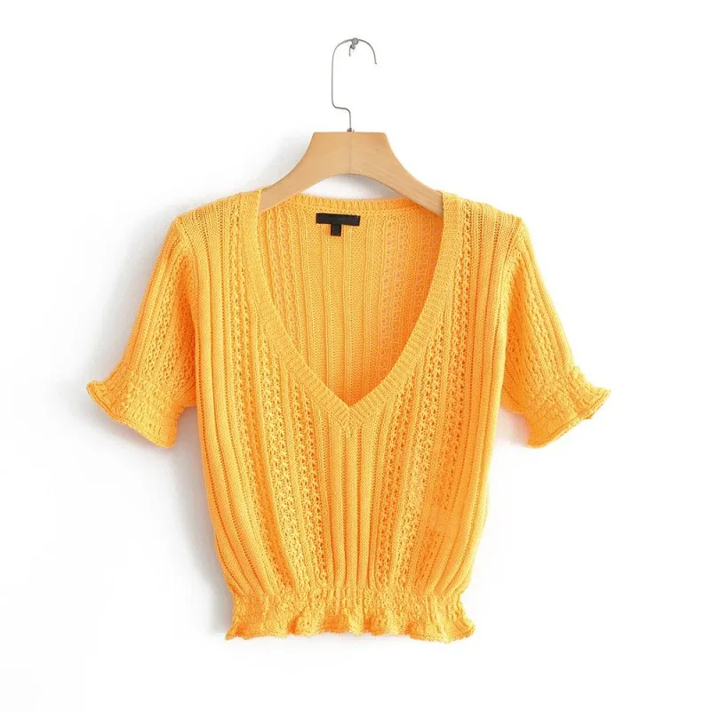 White/Red/Yellow Hollow Out Ruffles Knitted Sweater Ladies Summer Sweet V-Neck Short Sleeve Crop Tops
White/Red/Yellow Hollow Out Ruffles Knitted Sweater Ladies Summer Sweet V-Neck Short Sleeve Crop Tops