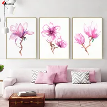 ורוד מגנוליה ציורי קיר אמנות מופשט פרח בצבעי מים בד ציור מינימליסטי אמנות והדפסי לא ממוסגר(China)