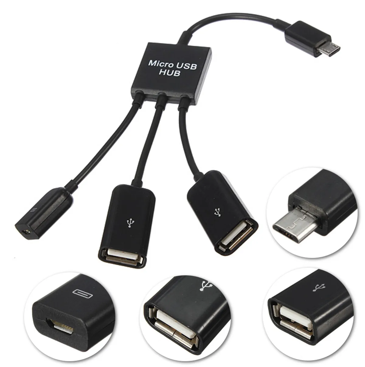 

3 in 1 Micro USB Dual Host OTG Charge Hub Cord Adapter Splitter for Android Smartphones Tablet Black Cable
