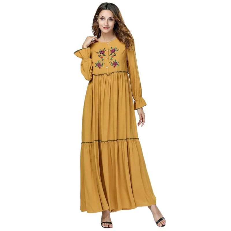 Women Ethnic Floral Embroidery Vintage Long Dress Elegant Long Sleeve Single Button Ruffle Pleated Big Swing Dress Muslim Abay
Women Ethnic Floral Embroidery Vintage Long Dress Elegant Long Sleeve Single Button Ruffle Pleated Big Swing Dress Muslim Abay