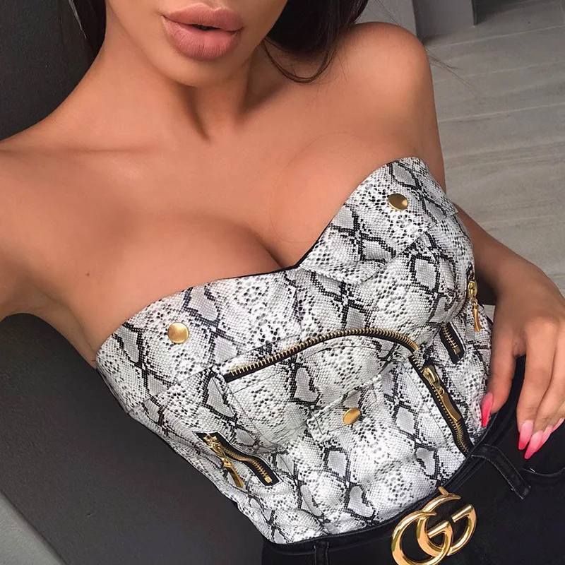 Snake Skin PU Tube Tops 2019 Print Sexy Zipper Tanks Women Rivet Navel Bare Crop Slim Fit Elastic Vest | Женская одежда
