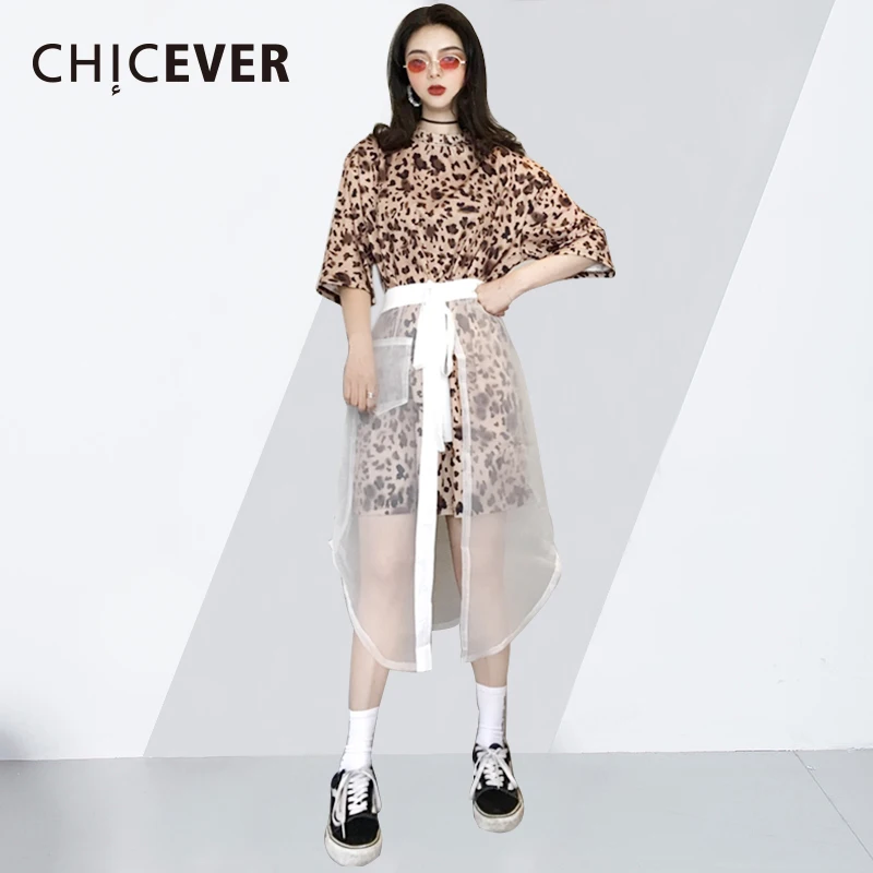CHICEVER Summer Costumes For Women 2018 Leopard Long T-shirt Sezy Transparent Lace Up Split Skirt Women's Suit Fashion Tide |