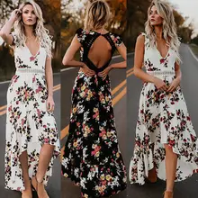 Marca de moda más nueva tipo Boho para mujer de verano Maxi vestido Clubwear fiesta vestido de fiesta en Playa flor asimétricos vestidos casuales(China)