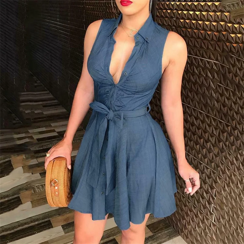 Women Dress Sexy Casual Daily Dresses Blue Button Bow Belt Sleeveless Turn-down Collar Solid Party Mini Dress Vestido 2019
Women Dress Sexy Casual Daily Dresses Blue Button Bow Belt Sleeveless Turn-down Collar Solid Party Mini Dress Vestido 2019