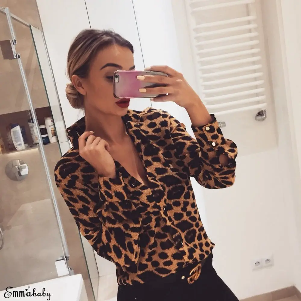 Women Leopard Solid Long Sleeve Blouse Summer Casual Loose Tops Shirts Pullover Bottons Turn Down Collar Single Breasted | Женская
