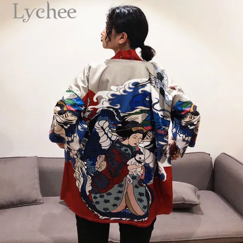 Lychee Harjuku Japanese Character Print Women Kimono Cardigan Shirt Nine Quarter Sleeve Casual Loose Female Blouse Top
Lychee Harjuku Japanese Character Print Women Kimono Cardigan Shirt Nine Quarter Sleeve Casual Loose Female Blouse Top