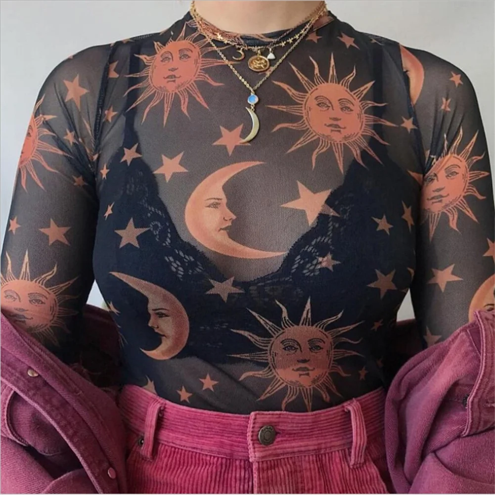 2019 Spring New Transparent Mesh Sexy T-Shirt Women Sun Moon Printed Crew Neck Long Sleeve Shirt Women Basic Casual Tee Tops
2019 Spring New Transparent Mesh Sexy T-Shirt Women Sun Moon Printed Crew Neck Long Sleeve Shirt Women Basic Casual Tee Tops
