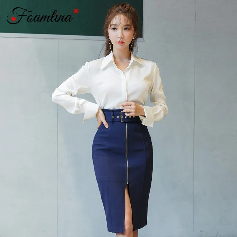 Elegant Ladies Korean OL Two Pieces Set Long Sleeve White Shirt and High Waist Belted Front Zipper Pencil Skirt Work Suits
Elegant Ladies Korean OL Two Pieces Set Long Sleeve White Shirt and High Waist Belted Front Zipper Pencil Skirt Work Suits