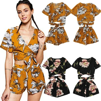 Summer Women Set Two-Piece Bandage Romper Bandage Vintage Floral V neck Casual Crop Top High Waist Shorts Beach Set Outfits
Summer Women Set Two-Piece Bandage Romper Bandage Vintage Floral V neck Casual Crop Top High Waist Shorts Beach Set Outfits