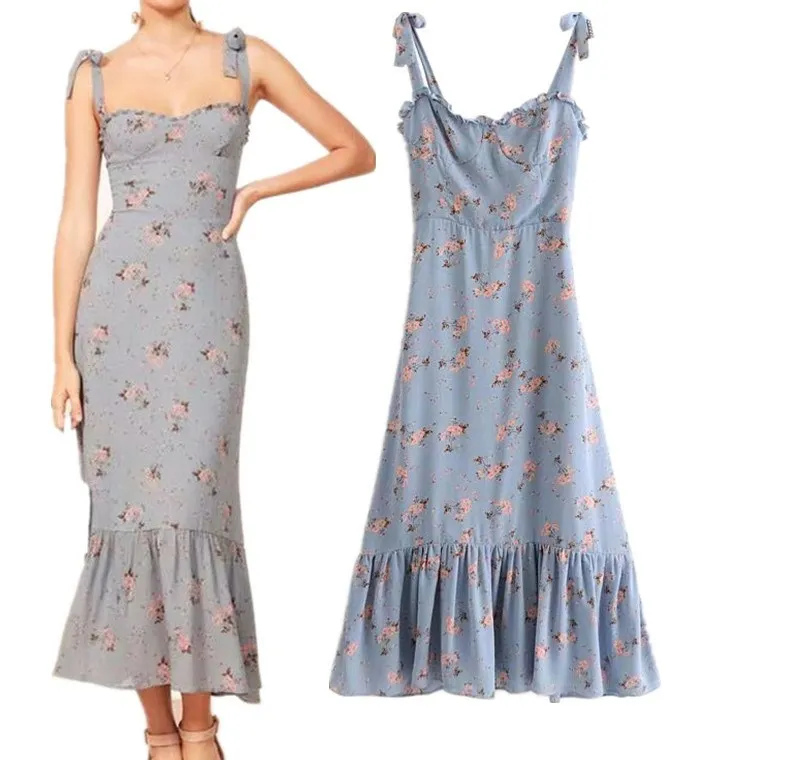 2019 Summer Women Neck Strapless Boho Dress Elegant Blue Floral Printed Dress Slim Ruffle Edged Midi Dresses
2019 Summer Women Neck Strapless Boho Dress Elegant Blue Floral Printed Dress Slim Ruffle Edged Midi Dresses