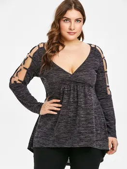 

Wipalo Women Plus Size 5XL Rings Embellished Lace Up T-Shirt Plunging Neck Long Sleeves Cold Shoulder Casual Solid Tee Tops 2019
