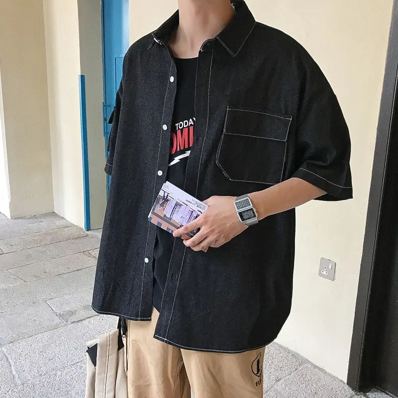 2019 Korean Style Summer Men's Fashion Trend Cowboy Loose Short Sleeve Denim Black/blue Color High-quality Shirt Size M-2XL
2019 Korean Style Summer Men's Fashion Trend Cowboy Loose Short Sleeve Denim Black/blue Color High-quality Shirt Size M-2XL