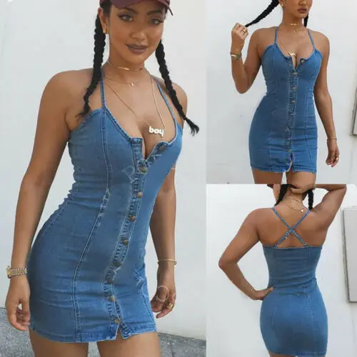 2019 Women's sexy Denim Blue Sling Button Slim MIni Bandage Bodycon Sleeveless Evening Party Clubwear Short Mini Dress V-neck
2019 Women's sexy Denim Blue Sling Button Slim MIni Bandage Bodycon Sleeveless Evening Party Clubwear Short Mini Dress V-neck