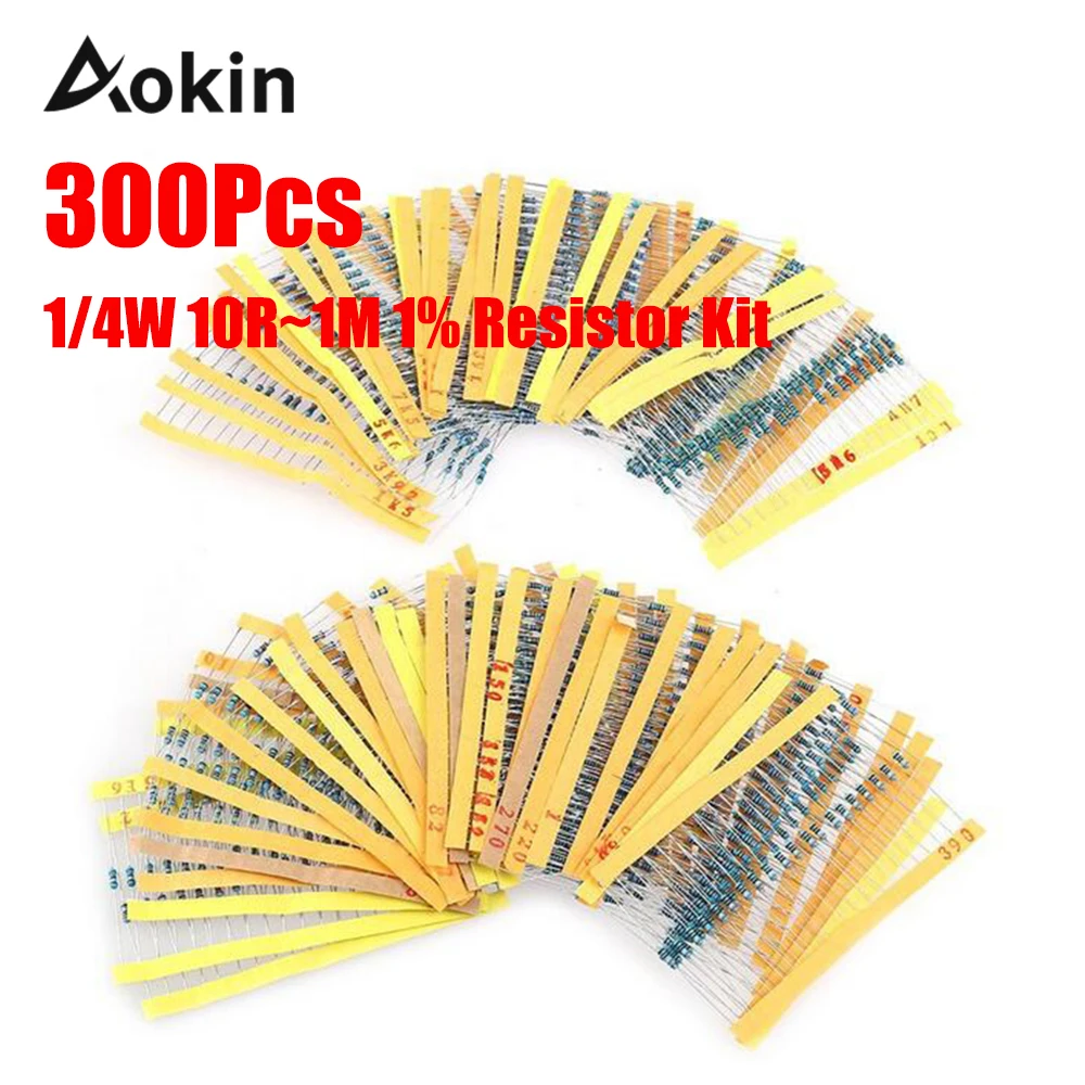 300pcs 1/4W 10R~1M 1% Metal film resistor 100R 220R 1K 1.5K 2.2K 4.7K 10K 22K 47K 100K 100 220 1K5 2K2 4K7 6K8 ohm resistance
300pcs 1/4W 10R~1M 1% Metal film resistor 100R 220R 1K 1.5K 2.2K 4.7K 10K 22K 47K 100K 100 220 1K5 2K2 4K7 6K8 ohm resistance