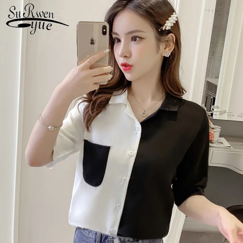 2019 Summer Large size women short sleeve chiffon blouse Office Lady turn-down collar Black and white stitching shirt 2838 50
2019 Summer Large size women short sleeve chiffon blouse Office Lady turn-down collar Black and white stitching shirt 2838 50