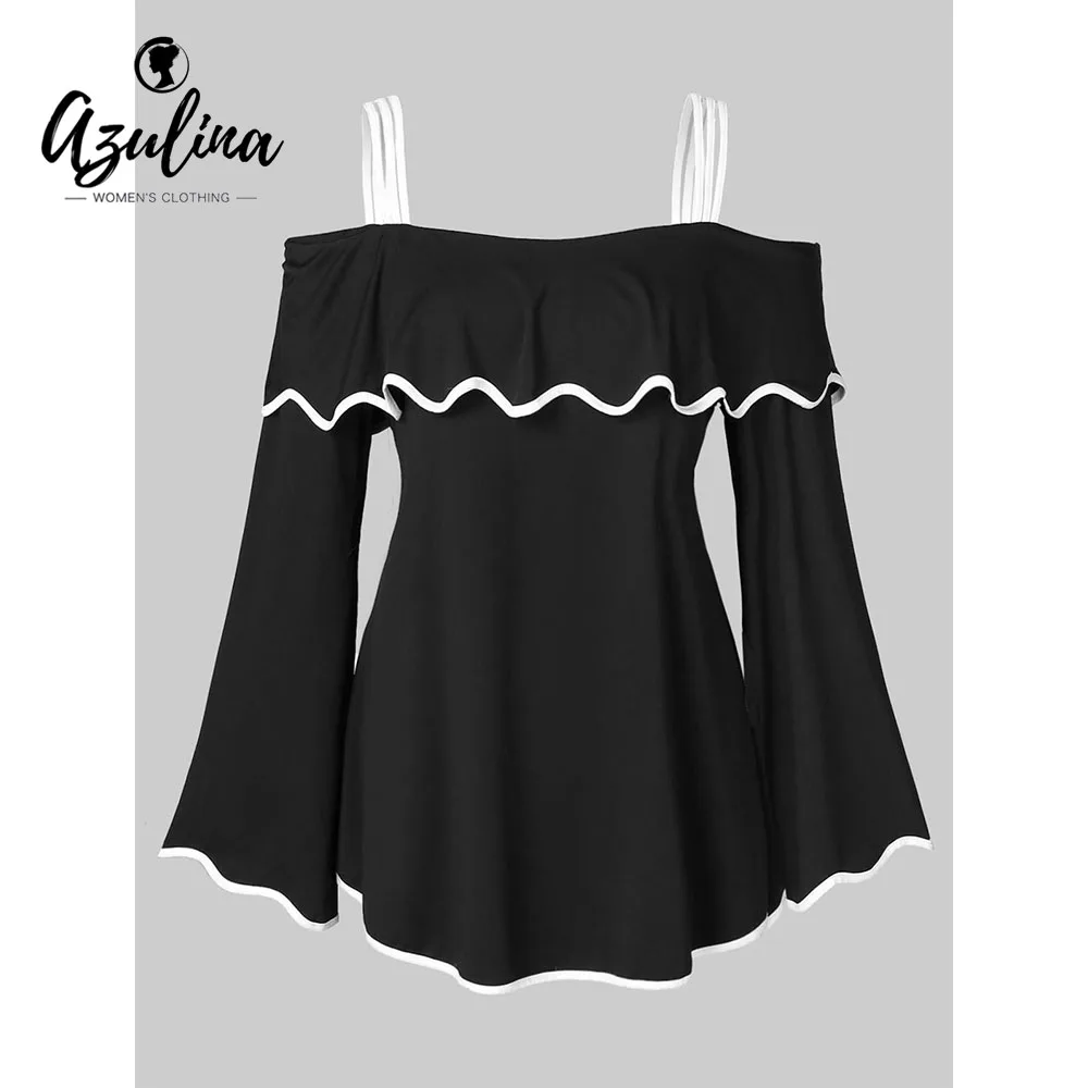 

Rosegal Plus Size Spaghetti Straps Flounce T-Shirt Women T-Shirts Lolita Casual Cold Shoulder Flare Sleeve Ladies Tops Pullovers