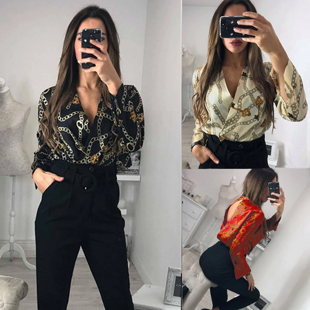 Sexy Backless Silk Bodysuit Women Tops Deep V-Neck Long Sleeve Jumpsuit Rompers Offlice Ladies Chain Print Bodysuits Overalls | Женская