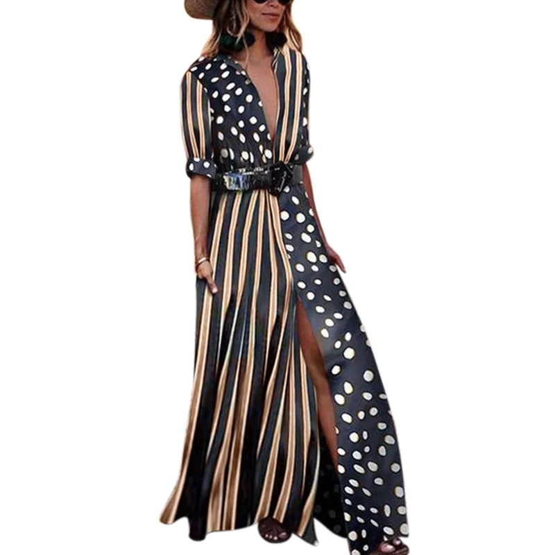 Women Sexy Deep V Neck Half Sleeve Polka Dot Striped Splice Slit Maxi Long Dress Ladies Fashion Print Holiday Beach Party Dres
Women Sexy Deep V Neck Half Sleeve Polka Dot Striped Splice Slit Maxi Long Dress Ladies Fashion Print Holiday Beach Party Dres