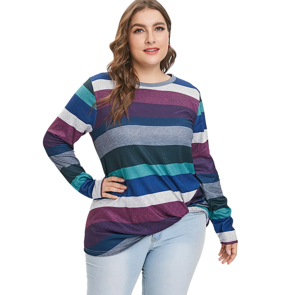 

ROSE GAL Plus Size Tops Women T Shirt Long Sleeve T-Shirt Casual Buttons Panel Striped Tshirts Pullover Fashion Ladies Tshirt