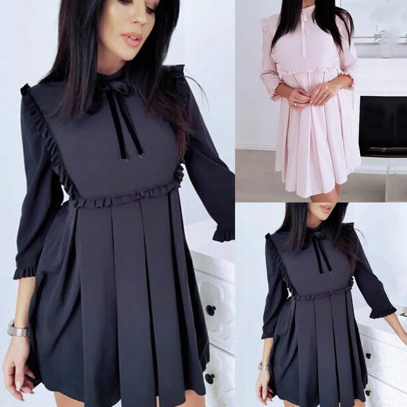 Fashion Women Long Sleeve Preppy Party Mini Dress 3/4 Sleeves Lace Frilled Bow Tie Neck Dress Ladies Solid Pleated Dress
Fashion Women Long Sleeve Preppy Party Mini Dress 3/4 Sleeves Lace Frilled Bow Tie Neck Dress Ladies Solid Pleated Dress