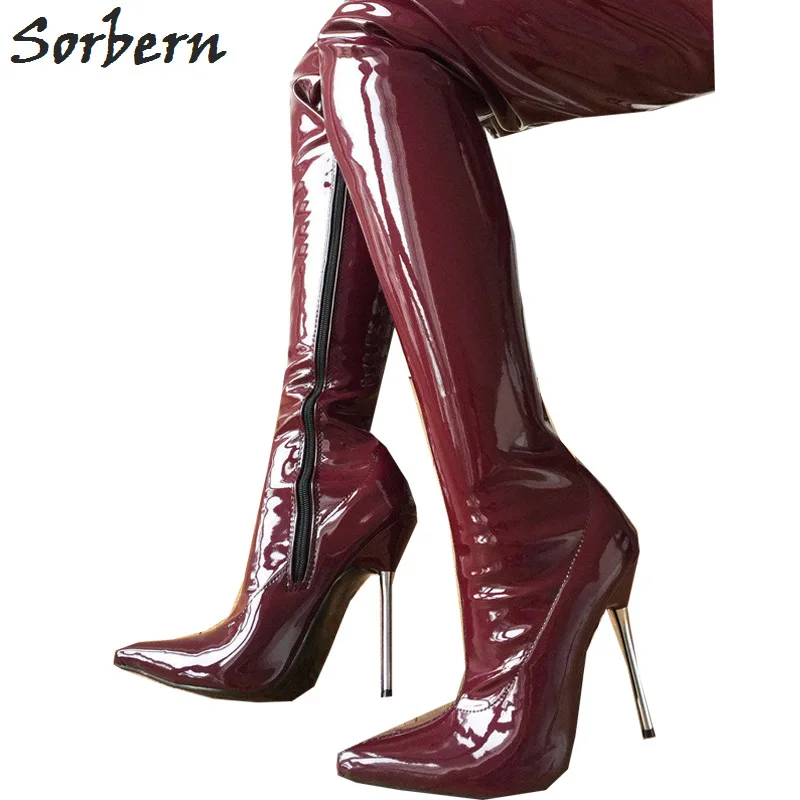 Sorbern Pink Women Pointed Toe Ankle Boot For Women Lady Cross-tied 12cm Metal High Heels Sexy Fetish Padlocks Lockable Boots