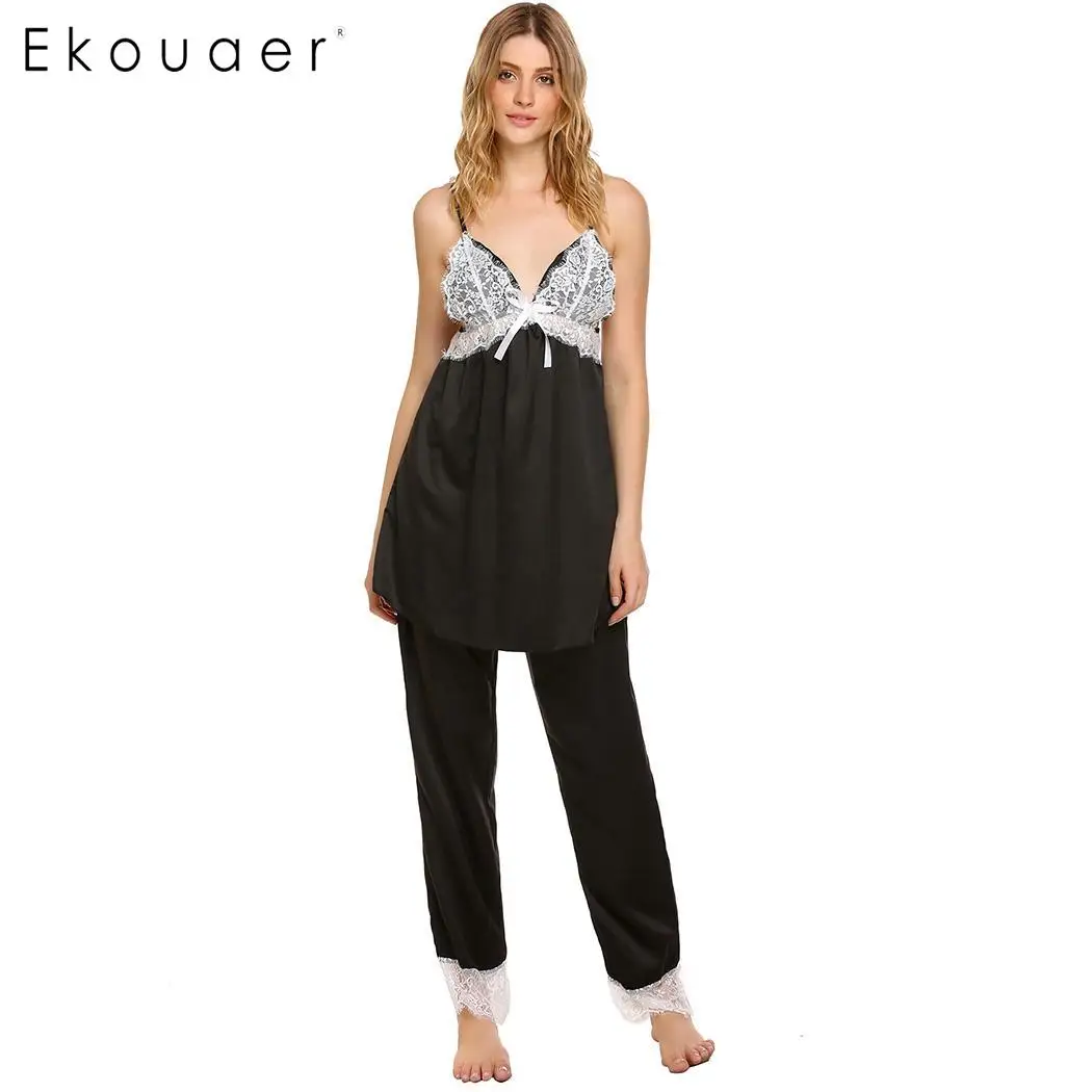 Ekouaer Women Satin Pajamas Set Sleepwear Loose Strap V-neck Lace Patchwork with Pants Pajama Sets Summer Nightwear
Ekouaer Women Satin Pajamas Set Sleepwear Loose Strap V-neck Lace Patchwork with Pants Pajama Sets Summer Nightwear