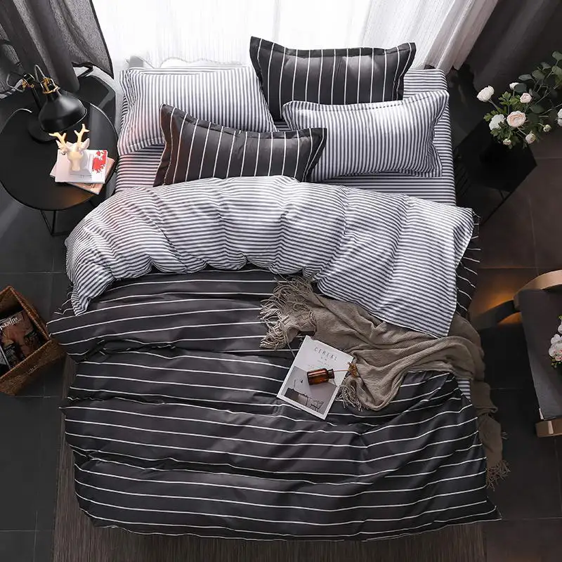 

BEST luxury black strips Duvet Cover flat bed Sheets +Pillowcase King Queen full Twin Bedding Set Bedding Set 3/4pcs31