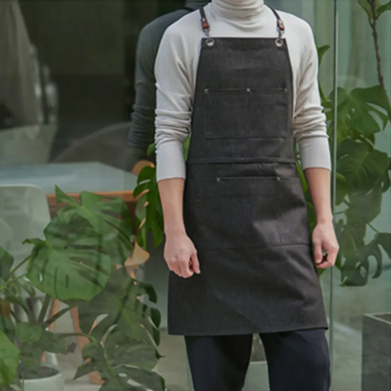 

Black Gray Denim Apron Barber Hairdresser Florist Artist Work Wear Barista Bartender Baker Coffee Shop Pastry Chef Uniform D96