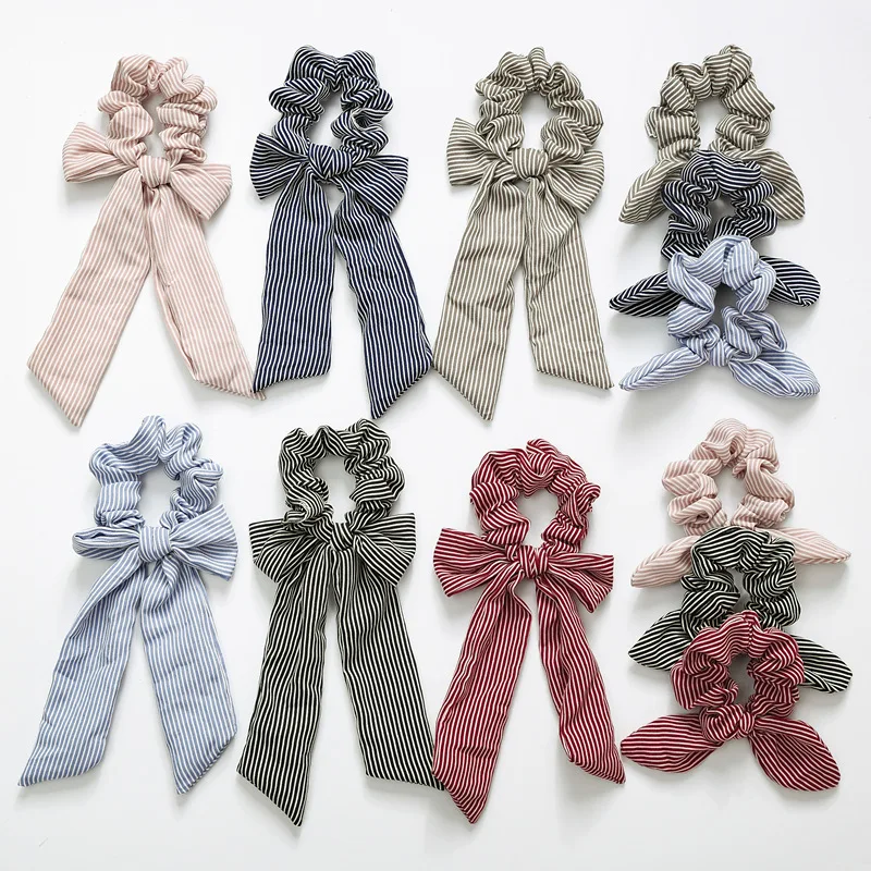 

Newly Vintage Women stripe Hair Scarf Bowknot Streamers Scrunchies Ponytail Holder Girls Summer Headbands Elastic Hair band