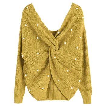 Sexy Deep V Neck Loose Womans Sweater Long Sleeve Plastic Pearl Cross Knot Backless Knitted Jumpers Female Pullovers Yellow Pink
Sexy Deep V Neck Loose Womans Sweater Long Sleeve Plastic Pearl Cross Knot Backless Knitted Jumpers Female Pullovers Yellow Pink