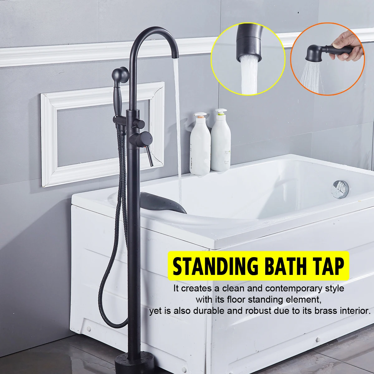 

Black Standing Bathroom Tub Faucet Tub Floor Mount Double Handle Bathtub Mixer Taps Portable 360Rotation Bathtub Shower Sprayer