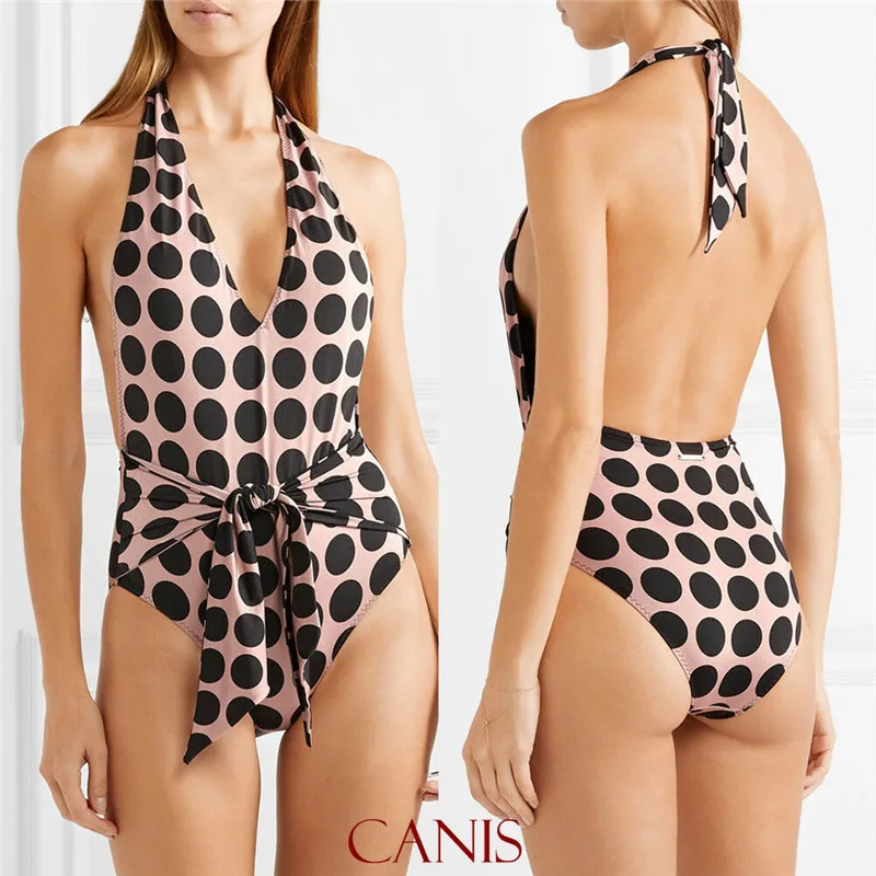 Dot Printed Bandage Swimwear Halter Deep V Neck Sexy Backless Swimsuit monokini maillot de bain femme 2019 one piece Suits
Dot Printed Bandage Swimwear Halter Deep V Neck Sexy Backless Swimsuit monokini maillot de bain femme 2019 one piece Suits