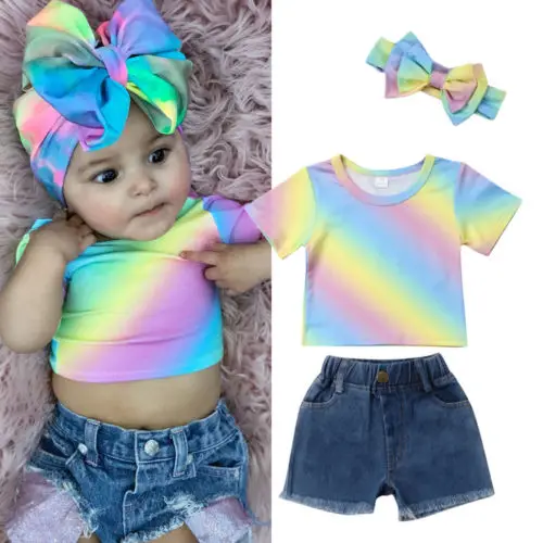 2019 Brand New Newborn Infant Kids Baby Girls 3PCS Sets Rainbow Short Sleeve T-Shirts Tops Denim Shorts Headband Summer Clothes
2019 Brand New Newborn Infant Kids Baby Girls 3PCS Sets Rainbow Short Sleeve T-Shirts Tops Denim Shorts Headband Summer Clothes