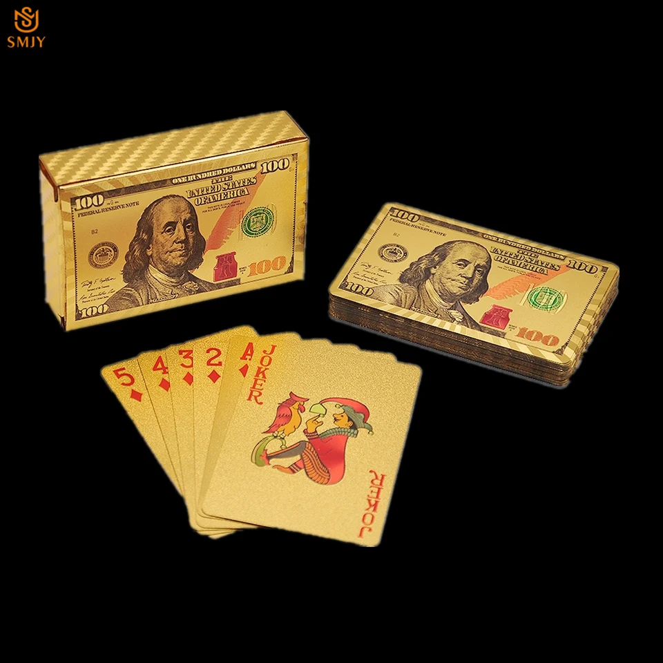 One set Waterproof Gold Foil Plastic Playing Cards Poke US 100$ Golden Board Games Poker Cards Collection
One set Waterproof Gold Foil Plastic Playing Cards Poke US 100$ Golden Board Games Poker Cards Collection