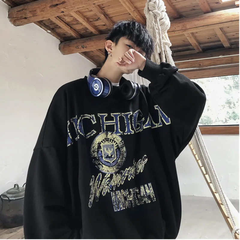 Men's Sweatshirt 2019 Spring New Round Neck Loose Pullovers Ribbon Splicing Teenagers No Cap Sweatshirts Teen Casual Men's Wear