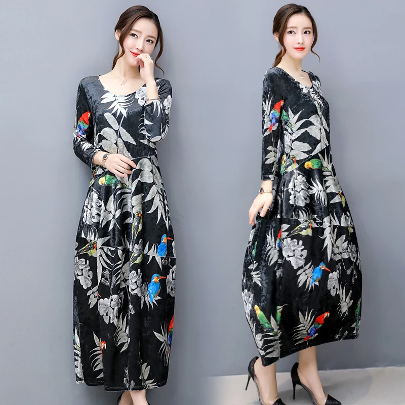Women High Quality Round Collar Long Sleeve Print Floral 2019 Autumn Dress Casual Retro Vestidos Female | Женская одежда