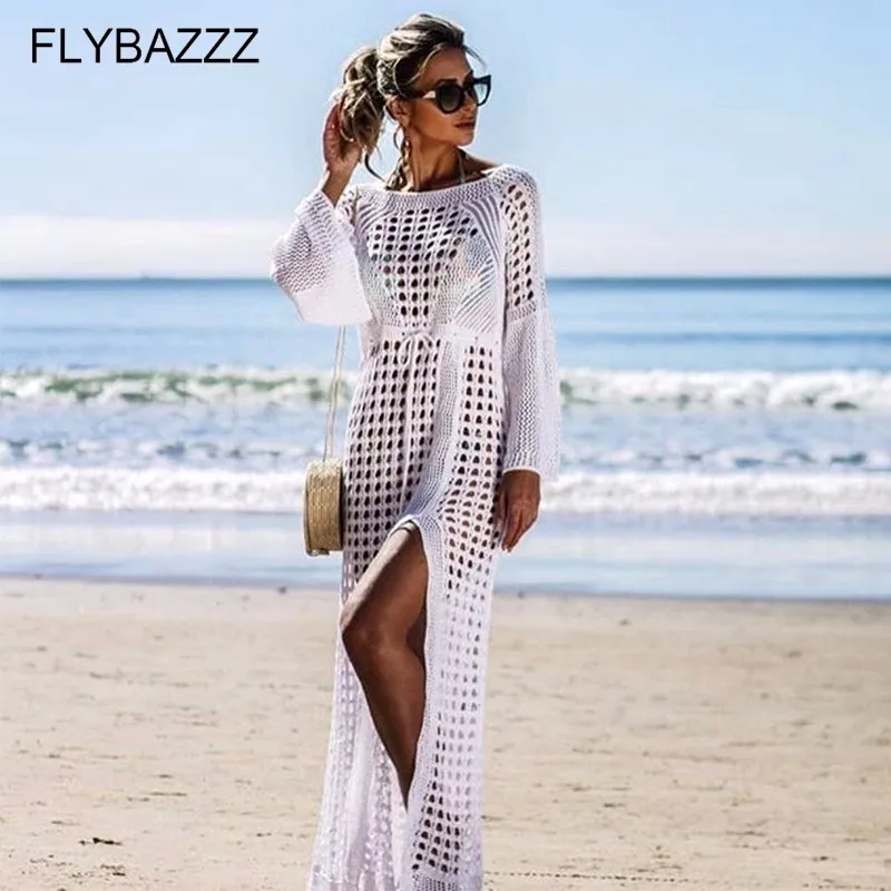 

2019 Crochet White Knitted Beach Cover UpS Sexy High Split Dress Tunic Long Pareos Bikinis Swim Cover Ups Robe Plage Beachwear