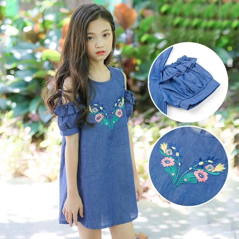 Off Shoulder Denim Knee Length Dresses For Teenage Girls Embroidery Floral Ruffles Sleeve Sundress Kids Party Dress Clothing
Off Shoulder Denim Knee Length Dresses For Teenage Girls Embroidery Floral Ruffles Sleeve Sundress Kids Party Dress Clothing