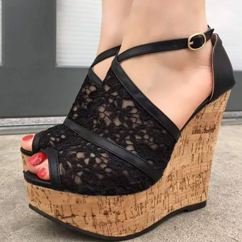 Summer Super Wedges Heels Floral Black Lace Sandals Female Peep Toe Platform Black Ankle Straps Gladiator Sandalias Shoes
Summer Super Wedges Heels Floral Black Lace Sandals Female Peep Toe Platform Black Ankle Straps Gladiator Sandalias Shoes