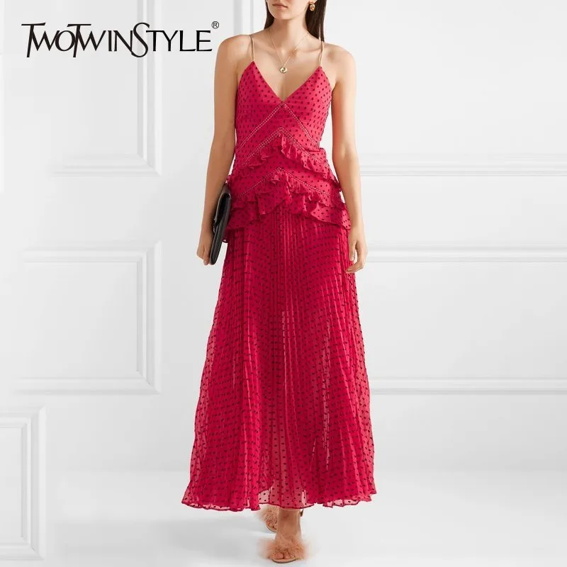 TWOTWINSTYLE Polka Dot Dresses Women Sleeveless High Waist Patchwork Ruffle Backless Chain Strap Dress Female 2019 Summer New
TWOTWINSTYLE Polka Dot Dresses Women Sleeveless High Waist Patchwork Ruffle Backless Chain Strap Dress Female 2019 Summer New
