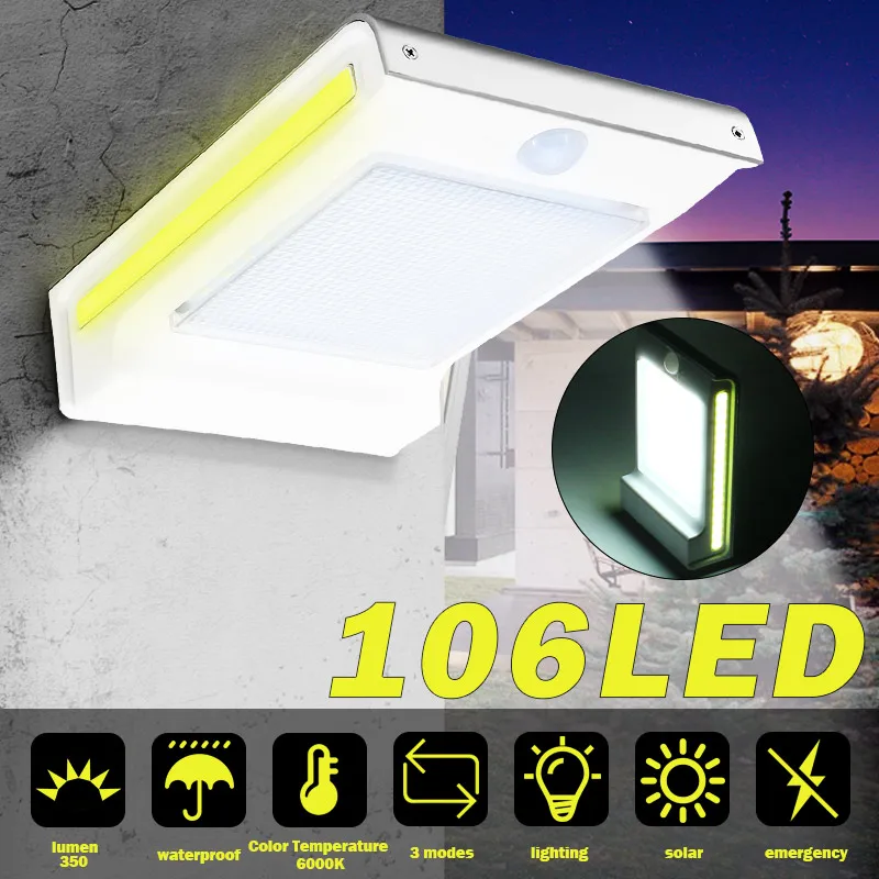 Solar Power Wall Light 106 LED 72 pcs 2835 SMD+34 COB PIR Motion Sensor Garden Security Outdoor Lamp
Solar Power Wall Light 106 LED 72 pcs 2835 SMD+34 COB PIR Motion Sensor Garden Security Outdoor Lamp