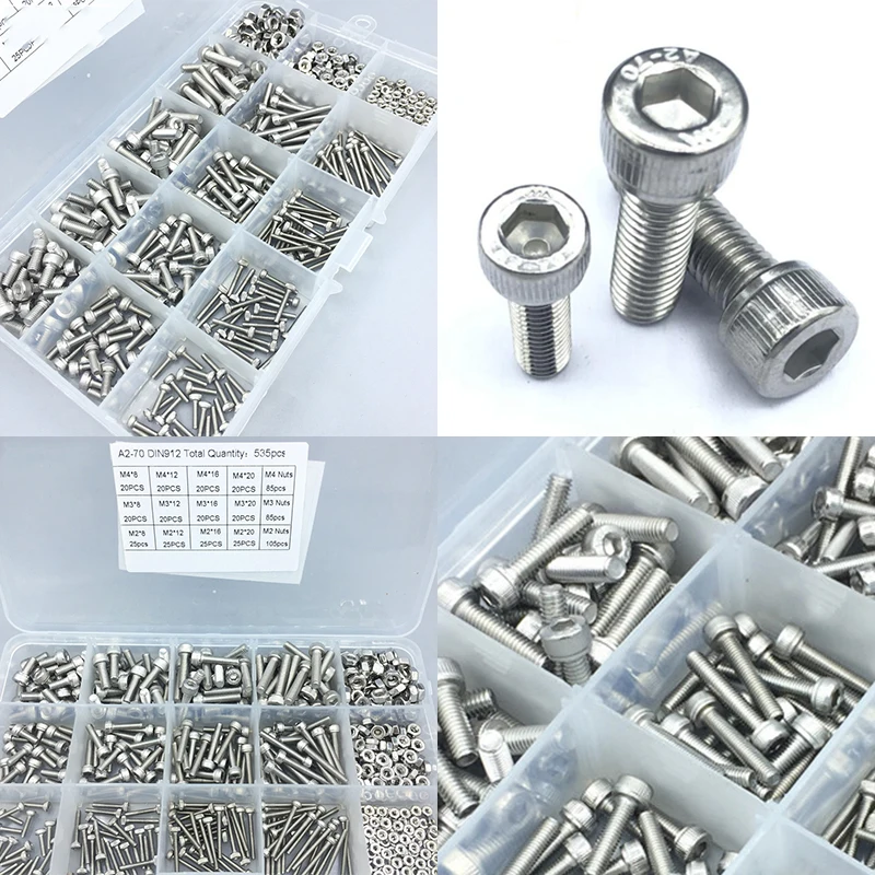 535Pcs Stainless Steel Hexagon Socket Head Screw Set M3 M4 M5 Cylindrical Head Bolts Hex Screws Nuts Kit Hardwares
535Pcs Stainless Steel Hexagon Socket Head Screw Set M3 M4 M5 Cylindrical Head Bolts Hex Screws Nuts Kit Hardwares